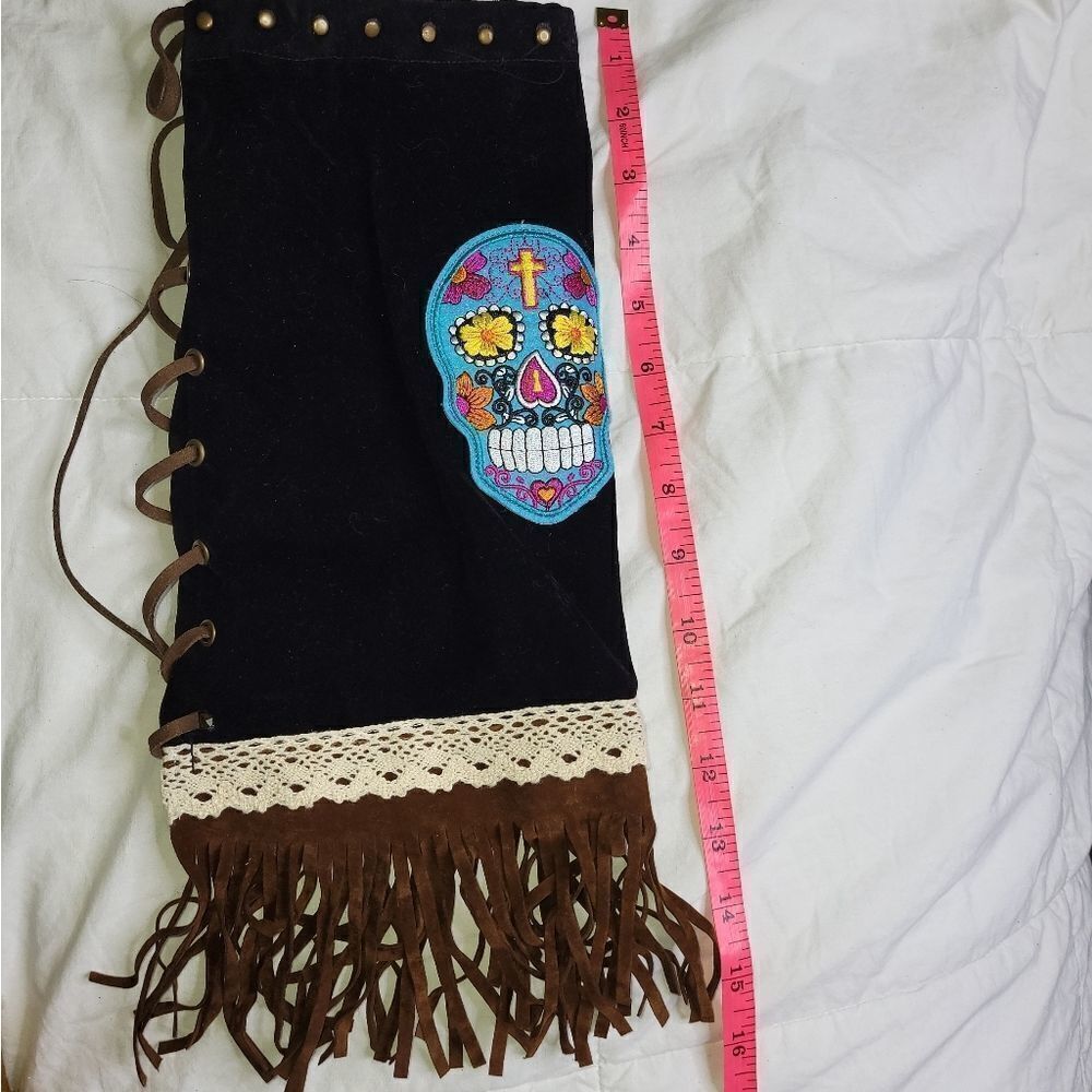 NWT Sugar Skull Women's Black Western Cowboy Fringe‎ Boot Covers  Adjustable - Picture 5 of 6